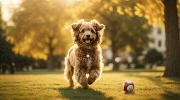 ai generiert froh Hund Laufen gegenüber das Kamera im ein sonnig Park mit ein Ball Lügen generativ durch ai foto