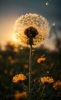 ai generiert Löwenzahn Samen Kopf von hinten beleuchtet durch das Rahmen Sonne, mit ein warm golden Stunde glühen generativ durch ai foto