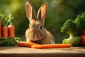 ai generiert ein süß Hase umgeben durch frisch Möhren auf ein rustikal hölzern Oberfläche generativ durch ai foto