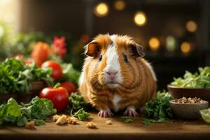 ai generiert Guinea Schwein inmitten frisch Gemüse auf ein hölzern Tabelle mit Sanft Beleuchtung generativ durch ai foto