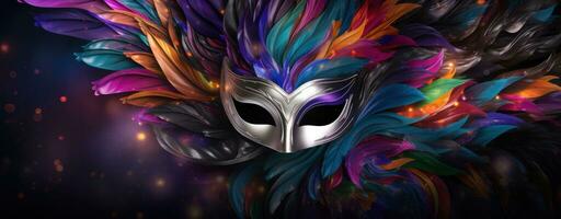 ai generiert Karneval Maske abstrakt gefiedert schwarz Hintergrund foto