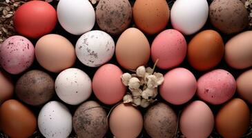 ai generiert Ostern Eier, Erdbeere und Tee foto