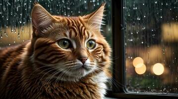 ai generiert Ingwer Katze Sitzung durch ein Fenster mit Regentropfen, suchen mit ein nachdenklich Ausdruck generativ durch ai foto