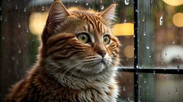 ai generiert Ingwer Katze Sitzung durch ein Fenster mit Regentropfen, suchen mit ein nachdenklich Ausdruck generativ durch ai foto