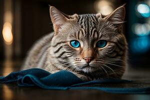 ai generiert Nahansicht von ein braun Tabby Katze mit auffällig Blau Augen Lügen Nieder generativ durch ai foto