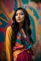 ai generiert jung Frau im bunt Kleidung beim ein traditionell asiatisch Markt mit festlich Dekorationen generativ durch ai foto