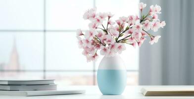 ai generiert Rosa Blumen im Vase auf Schreibtisch von Büro foto