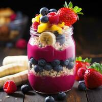 ai generiert ein bunt Foto von ein beschwingt Obst Smoothie, gemacht mit frisch Beeren