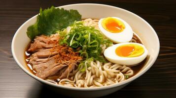 ai generiert ein sabberwürdig Bild von ein würzig Schüssel von Ramen Nudeln, gekrönt mit Scheiben von zärtlich Schweinefleisch foto