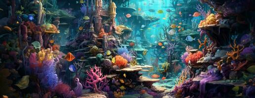 ai generiert tropisch Meer unter Wasser Fische auf Koralle Riff. Aquarium Ozeanarium Tierwelt bunt Marine Panorama Landschaft Natur Schnorchel Tauchen. ai generativ. foto