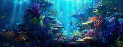 ai generiert tropisch Meer unter Wasser Fische auf Koralle Riff. Aquarium Ozeanarium Tierwelt bunt Marine Panorama Landschaft Natur Schnorchel Tauchen. ai generativ. foto