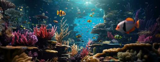 ai generiert tropisch Meer unter Wasser Fische auf Koralle Riff. Aquarium Ozeanarium Tierwelt bunt Marine Panorama Landschaft Natur Schnorchel Tauchen. ai generativ. foto