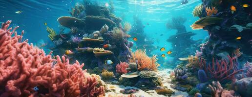 ai generiert tropisch Meer unter Wasser Fische auf Koralle Riff. Aquarium Ozeanarium Tierwelt bunt Marine Panorama Landschaft Natur Schnorchel Tauchen. ai generativ. foto