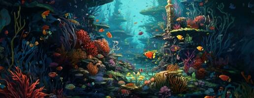 ai generiert tropisch Meer unter Wasser Fische auf Koralle Riff. Aquarium Ozeanarium Tierwelt bunt Marine Panorama Landschaft Natur Schnorchel Tauchen. ai generativ. foto