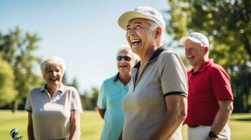 ai generiert ein Gruppe von freunde im ihr 60er Jahre und 70er Jahre abspielen ein Spiel von Golf auf ein sonnig Tag foto