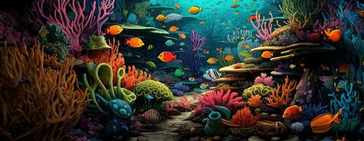 ai generiert tropisch Meer unter Wasser Fische auf Koralle Riff. Aquarium Ozeanarium Tierwelt bunt Marine Panorama Landschaft Natur Schnorchel Tauchen. ai generativ. foto