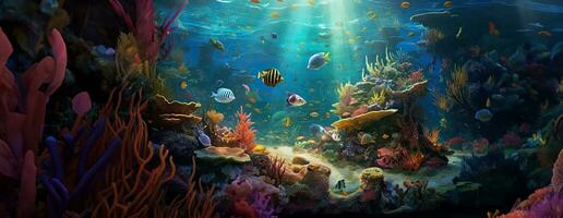 ai generiert tropisch Meer unter Wasser Fische auf Koralle Riff. Aquarium Ozeanarium Tierwelt bunt Marine Panorama Landschaft Natur Schnorchel Tauchen. ai generativ. foto