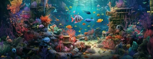 ai generiert tropisch Meer unter Wasser Fische auf Koralle Riff. Aquarium Ozeanarium Tierwelt bunt Marine Panorama Landschaft Natur Schnorchel Tauchen. ai generativ. foto