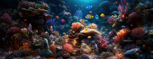ai generiert tropisch Meer unter Wasser Fische auf Koralle Riff. Aquarium Ozeanarium Tierwelt bunt Marine Panorama Landschaft Natur Schnorchel Tauchen. ai generativ. foto