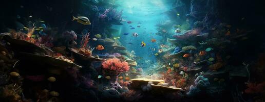 ai generiert tropisch Meer unter Wasser Fische auf Koralle Riff. Aquarium Ozeanarium Tierwelt bunt Marine Panorama Landschaft Natur Schnorchel Tauchen. ai generativ. foto