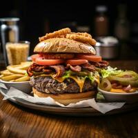 ai generiert ein lecker Bild von ein saftig Hamburger gestapelt hoch mit Kopfsalat, Tomate, und Käse foto