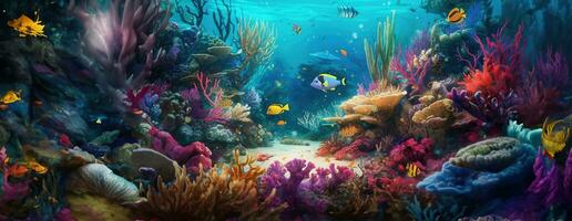 ai generiert tropisch Meer unter Wasser Fische auf Koralle Riff. Aquarium Ozeanarium Tierwelt bunt Marine Panorama Landschaft Natur Schnorchel Tauchen. ai generativ. foto