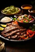 ai generiert ein appetitlich Foto von ein brutzelnd Teller von Fajitas, serviert mit warm Tortillas, frisch Pico de Gallo