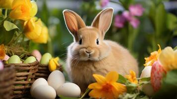 ai generiert ein bezaubernd Hase Hase Sitzung im ein Bett von Blumen, umgeben durch Ostern Eier foto