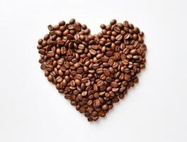 ai generiert ein Herz von Kaffee Bohnen war gemacht auf ein Weiß Hintergrund foto