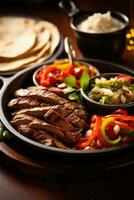 ai generiert ein appetitlich Foto von ein brutzelnd Teller von Fajitas, serviert mit warm Tortillas, frisch Pico de Gallo