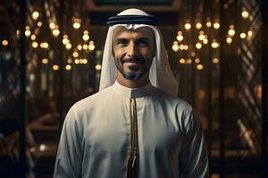 ai generiert Porträt von ein gut aussehend arabisch Mann im traditionell Kleider foto