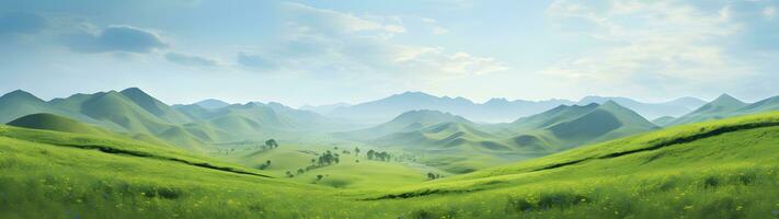 ai generiert schön Panorama- Aussicht von Wiese mit Berge im das Hintergrund foto