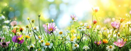 ai generiert Sommer- Wiese mit Gänseblümchen und andere Blumen. Natur Hintergrund foto