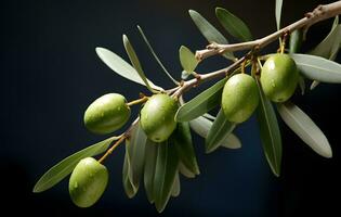 ai generiert Olive Ast mit Grün Oliven auf ein dunkel Hintergrund Nahansicht foto
