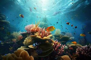 ai generiert tropisch Meer unter Wasser Fische auf Koralle Riff. Aquarium Ozeanarium Tierwelt bunt Marine Panorama Landschaft Natur Schnorchel Tauchen. ai generativ. foto