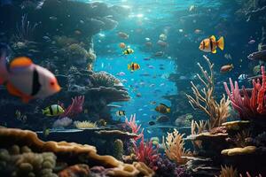 ai generiert tropisch Meer unter Wasser Fische auf Koralle Riff. Aquarium Ozeanarium Tierwelt bunt Marine Panorama Landschaft Natur Schnorchel Tauchen. ai generativ. foto