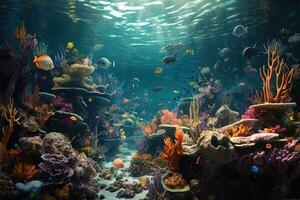 ai generiert tropisch Meer unter Wasser Fische auf Koralle Riff. Aquarium Ozeanarium Tierwelt bunt Marine Panorama Landschaft Natur Schnorchel Tauchen. ai generativ. foto