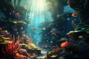 ai generiert tropisch Meer unter Wasser Fische auf Koralle Riff. Aquarium Ozeanarium Tierwelt bunt Marine Panorama Landschaft Natur Schnorchel Tauchen. ai generativ. foto