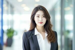 ai generiert Koreanisch Mädchen im ein schwarz Blazer und ein Weiß Hemd steht im Vorderseite von ein Glas Mauer foto