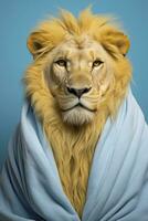 ai generiert Porträt von ein Löwe gekleidet im ein Bademantel auf Pastell- Hintergrund foto
