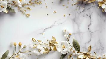 ai generiert Marmor Textur mit abstrakt golden und Weiß Blume funkeln foto