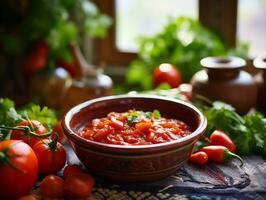 ai generiert köstlich Mexikaner Salsa Soße mit Gemüse und Grüns. traditionell Essen, Latein amerikanisch, Mexikaner Küche. fotorealistisch, Hintergrund mit Bokeh Wirkung. ai generiert. foto