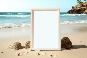 ai generiert leer Weiß Poster Rahmen auf das Strand generativ durch ai foto