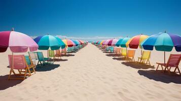 ai generiert bunt Strand Hütten und Sonne Regenschirme auf ein beschwingt Strand Promenade zum Sommer- Beförderung foto