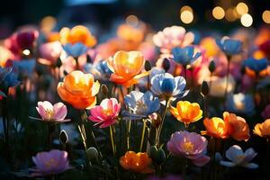 ai generiert wunderlich Sommer- Romantik ein faszinierend Affäre von Blühen Wildblumen im schön verschwommen Bokeh foto