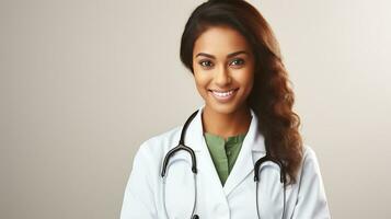 ai generiert lächelnd weiblich Arzt mit Stethoskop auf grau Hintergrund, Darstellen Gesundheitswesen Konzept foto