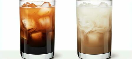ai generiert schwarz Eis Kaffee und Eis Latté Kaffee mit Milch einstellen im hoch Glas isoliert auf Weiß Hintergrund foto
