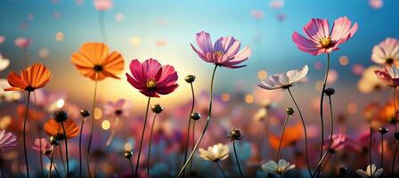 ai generiert ein zauberhaft Sommer- Affäre mit beschwingt Blühen Wildblumen im ein verträumt verschwommen Bokeh Hintergrund foto