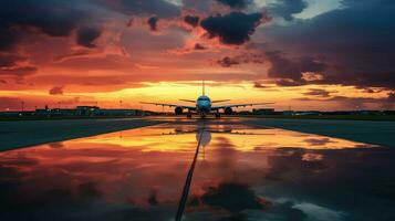 ai generiert Abfahrt Sonnenuntergang Flughafen Hintergrund foto