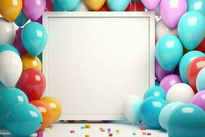 ai generiert Geburtstag Rahmen mit Farbe Luftballons und Konfetti, leer Rahmen auf Farbe Luftballons und Konfetti, ai generiert foto